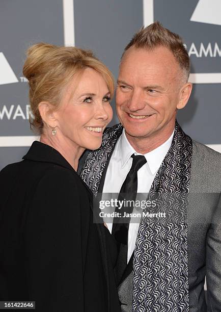 Singer/Musician Sting and Trudie Styler arrive at the 55th Annual GRAMMY Awards at Staples Center on February 10, 2013 in Los Angeles, California.