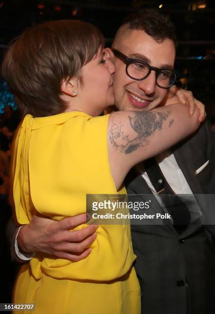 Actress Lena Dunham and guitarist Jack Antonoff of fun. Attend the 55th Annual GRAMMY Awards at STAPLES Center on February 10, 2013 in Los Angeles,...