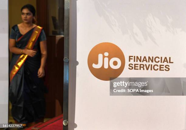 Jio Financial Services logo seen at the Bombay Stock Exchange before the listing ceremony in Mumbai Jio Financial Services is the subsidiary of the...