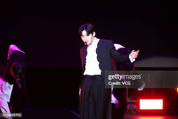 South Korean singer Hwang Min-hyun performs on the stage in his concert on August 12, 2023 in Taipei, Taiwan of China.