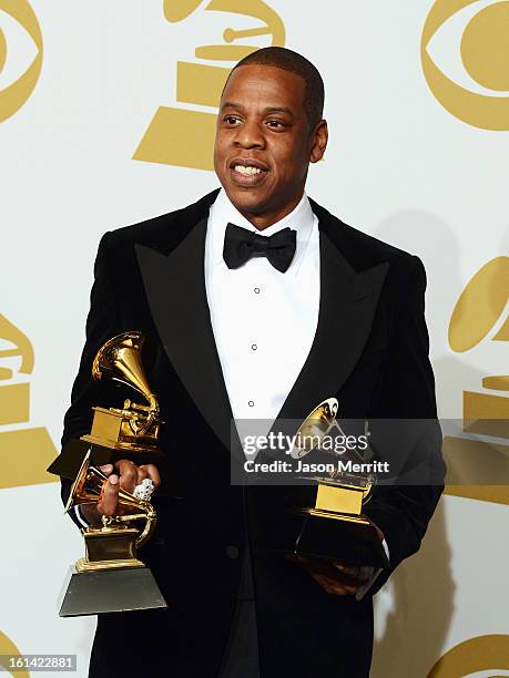Rapper Jay-Z, winners of Best Rap/Sung Collaboration and Best Rap Performance, poses in the press room at the 55th Annual GRAMMY Awards at Staples...