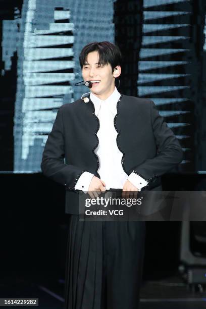 South Korean singer Hwang Min-hyun performs on the stage in his concert on August 12, 2023 in Taipei, Taiwan of China.