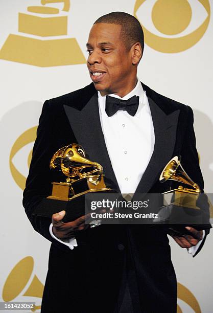 Rapper Jay-Z poses in the press room during the 55th Annual GRAMMY Awards at STAPLES Center on February 10, 2013 in Los Angeles, California.