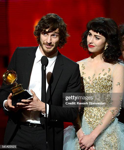 Musicians Gotye and Kimbra accept Record of the Year award for "Somebody That I Used to Know" onstage at the 55th Annual GRAMMY Awards at Staples...