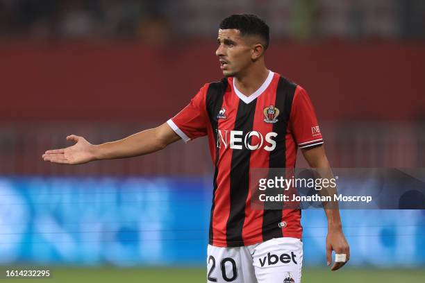 Youcef Atal of OGC Nice reacts during the Ligue 1 Uber Eats match between OGC Nice and LOSC Lille on August 11, 2023 in Nice, France.