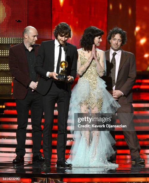 Musicians William Bowden, Gotye, Kimbra and Francois Tetaz accept Record of the Year award for "Somebody That I Used to Know" onstage at the 55th...