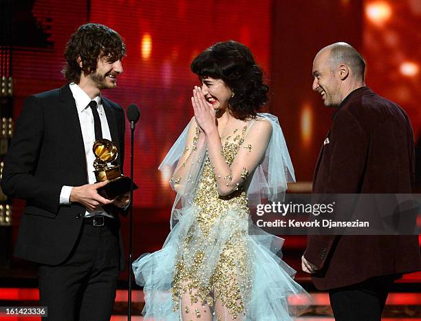 Musicians Gotye, Kimbra and William Bowden accept Record of the Year award for "Somebody That I Used to Know" onstage at the 55th Annual GRAMMY...