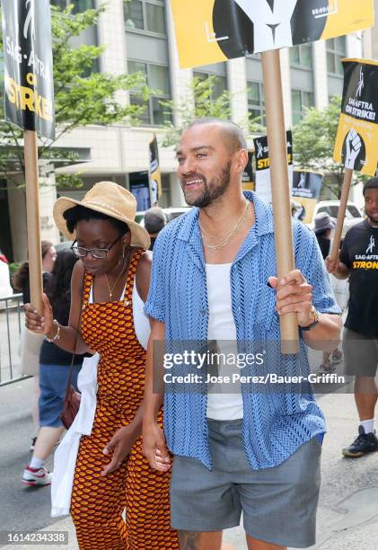 Jesse Williams is seen at the SAG-AFTRA picket line in Downtown, Manhattan on August 21, 2023 in New York City.