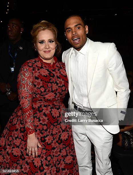 Musician Adele and singer Chris Brown attend the 55th Annual GRAMMY Awards at STAPLES Center on February 10, 2013 in Los Angeles, California.
