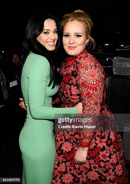 Katy Perry and Adele attend the 55th Annual GRAMMY Awards at STAPLES Center on February 10, 2013 in Los Angeles, California.