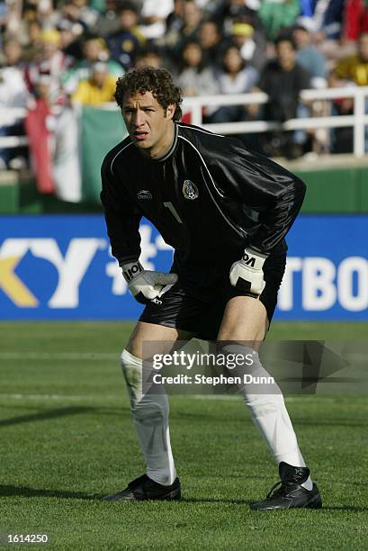 Mexico goalkeeper Adrian Martinez gets ready in their first round CONCACAF Gold Cup match at the Rose Bowl in Pasadena, California. Mexico defeated...