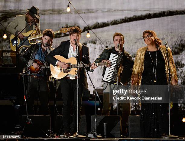 Musicians Marcus Mumford and Brittany Howard perform onstage at the 55th Annual GRAMMY Awards at Staples Center on February 10, 2013 in Los Angeles,...