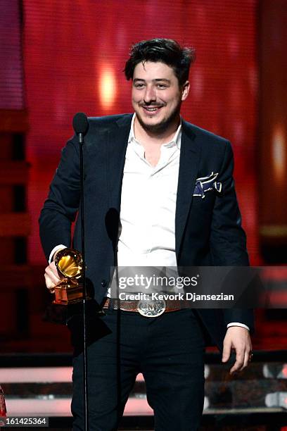 Musician Marcus Mumford of Mumford & Sons accepts Album of the Year award for "Babel" onstage at the 55th Annual GRAMMY Awards at Staples Center on...