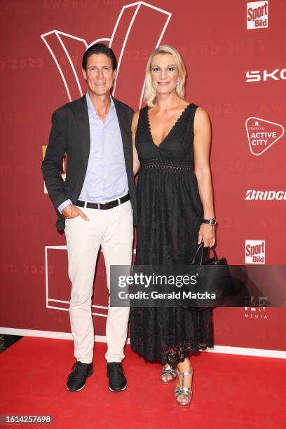 Marcus Höfl and Maria Höfl Riesch attend the SPORT BILD Awards at Hamburger Fischauktionshalle on August 21, 2023 in Hamburg, Germany.