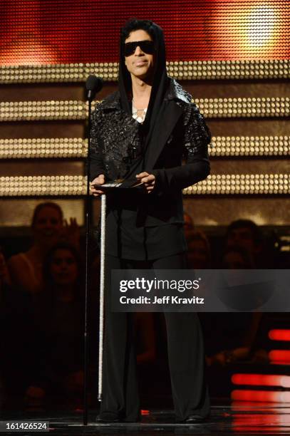 Musician Prince speaks onstage at the 55th Annual GRAMMY Awards at Staples Center on February 10, 2013 in Los Angeles, California.