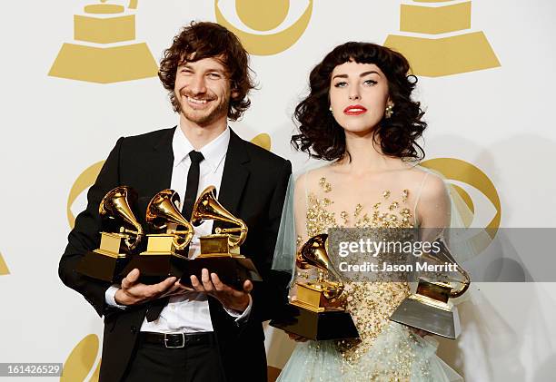 Musician Wouter De Backer and Kimbra Johnson, winners of Best Pop Duo/Group Performance, Best Alternative Music Album and Record of The Year, pose in...