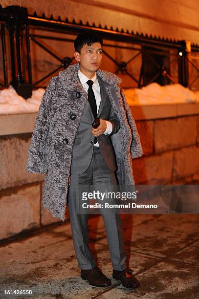 Bryanboy seen outside the Tommy Hilfiger show wearing Marc Jacobs coat, Bespoke suit, Armani necktie and Belstaff shoes on February 10, 2013 in New...