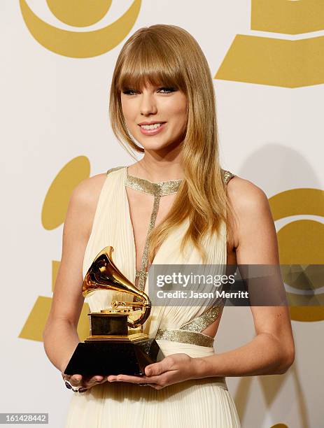 Singer/Musician Taylor Swift, winner of Best Song Written For Visual Media, poses in the press room at the 55th Annual GRAMMY Awards at Staples...