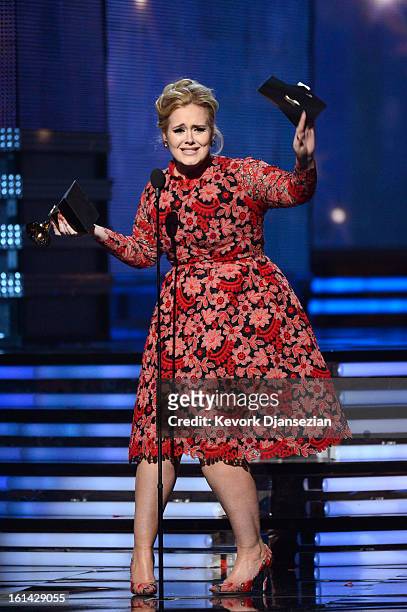 Singer Adele accepts Best Pop Solo Performance for "Set Fire to the Rain " onstage at the 55th Annual GRAMMY Awards at Staples Center on February 10,...