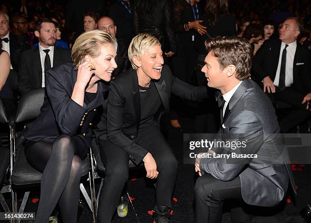 Actress Portia de Rossi and TV Personalities Ellen DeGeneres and Ryan Seacrest attend the 55th Annual GRAMMY Awards at STAPLES Center on February 10,...