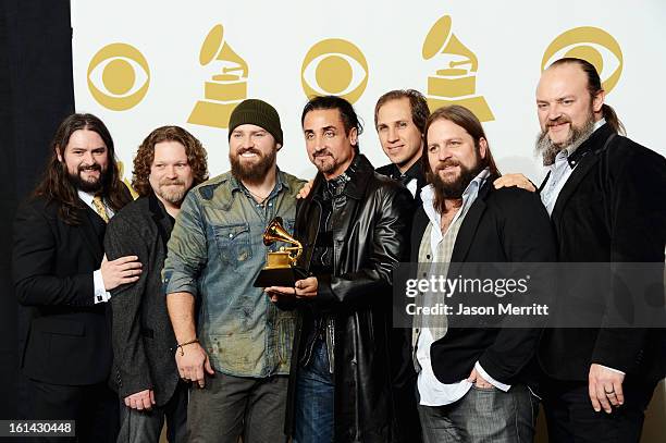 Musicians Clay Cook, Chris Fryar, Zac Brown, Daniel Reyes, Jimmy Martini, Coy Bowles and John Hopkins of Zac Brown Band, winners of Best Country...