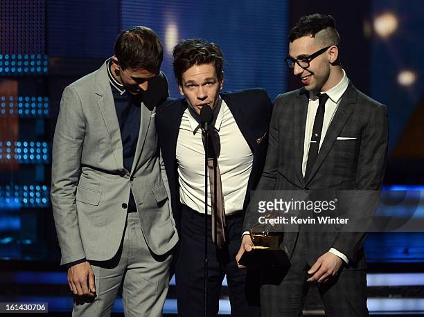 Musicians Andrew Dost, Nate Ruess, and Jack Antonoff of Fun. Accept the Grammy for Best New Artist onstage during the 55th Annual GRAMMY Awards at...