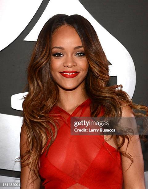 Singer Rihanna attends the 55th Annual GRAMMY Awards at STAPLES Center on February 10, 2013 in Los Angeles, California.