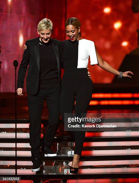 Personality Ellen DeGeneres and singer Beyonce speak onstage at the 55th Annual GRAMMY Awards at Staples Center on February 10, 2013 in Los Angeles,...