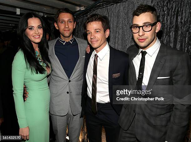 Singer Katy Perry, musician Andrew Dost, Nate Ruess, and Jack Antonoff of Fun. Attend the 55th Annual GRAMMY Awards at Staples Center on February 10,...