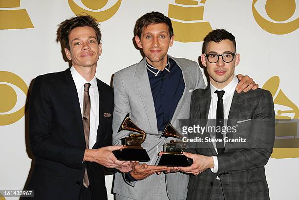 Musicians Nate Ruess, Andrew Dost, and Jack Antonoff of Fun. Pose in the press room during the 55th Annual GRAMMY Awards at STAPLES Center on...