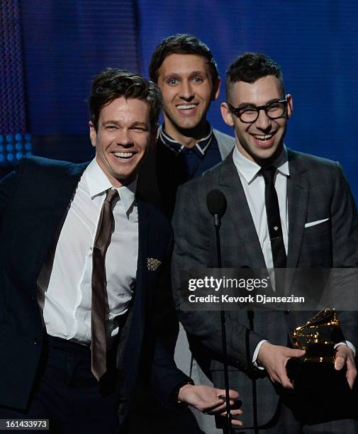 Musicians Nate Ruess, Andrew Dost and Jack Antonoff of fun. Accept Song of the Year award for "We Are Young" onstage at the 55th Annual GRAMMY Awards...