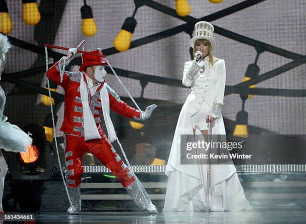 Musician Taylor Swift performs onstage during the 55th Annual GRAMMY Awards at STAPLES Center on February 10, 2013 in Los Angeles, California.