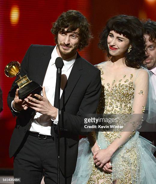 Musician Gotye and singer Kimbra accept an award onstage during the 55th Annual GRAMMY Awards at STAPLES Center on February 10, 2013 in Los Angeles,...