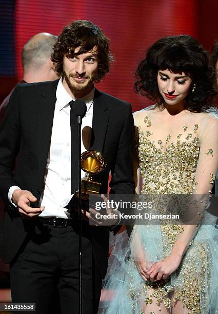 Singers Gotye and Kimbra accept an award onstage at the 55th Annual GRAMMY Awards at Staples Center on February 10, 2013 in Los Angeles, California.