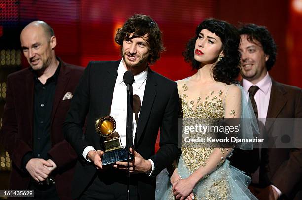 Musicians William Bowden, Gotye, Kimbra and Francois Tetaz accept Record of the Year award onstage at the 55th Annual GRAMMY Awards at Staples Center...