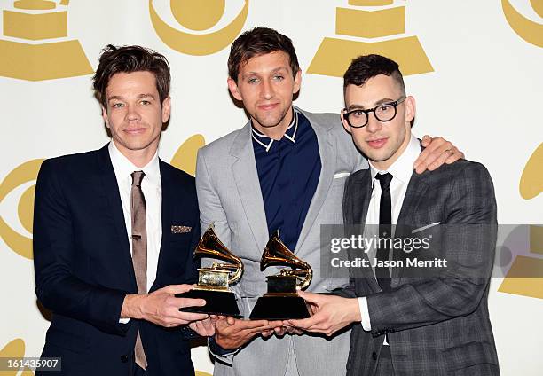 Musicians Nate Ruess, Andrew Dost, and Jack Antonoff of the band fun., winner Best New Album and Song of The Year "We Are Young", pose in the press...