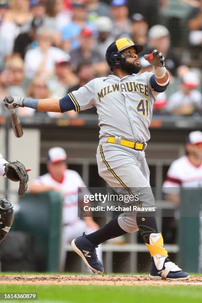 Carlos Santana of the Milwaukee Brewers at bat against the Chicago White Sox at Guaranteed Rate Field on August 13, 2023 in Chicago, Illinois.