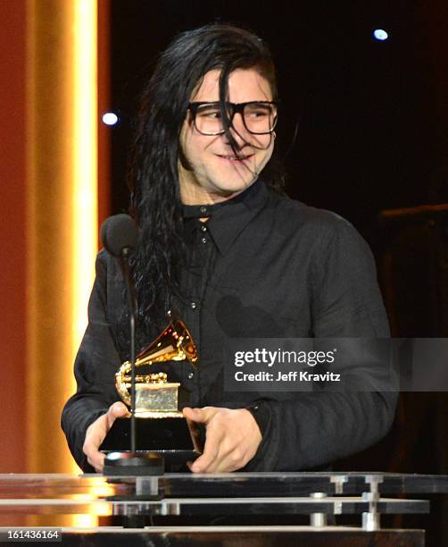 Skrillex accepts an award onstage at the 55th Annual GRAMMY Awards at Nokia Theatre L.A. Live on February 10, 2013 in Los Angeles, California.