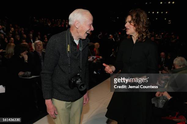 Photographer Bill Cunningham and Sandra Bernhard attend the Ralph Rucci Fall 2013 fashion show during Mercedes-Benz Fashion at The Theatre at Lincoln...