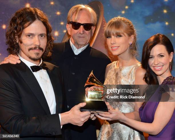 Songwriters John Paul White, T-Bone Burnett, Taylor Swift and Joy Williams appear onstage during the 55th Annual GRAMMY Awards Pre-Telecast at Nokia...