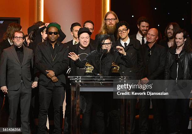 Skrillex accepts Best Dance/Electronica Album for "Bangarang" onstage at the The 55th Annual GRAMMY Awards at Nokia Theatre on February 10, 2013 in...