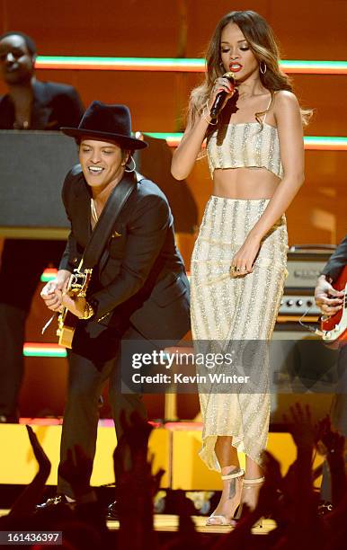 Musician Bruno Mars and singer Rihanna perform onstage during the 55th Annual GRAMMY Awards at STAPLES Center on February 10, 2013 in Los Angeles,...