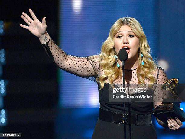 Singer Kelly Clarkson accepts Best Pop Vocal Album award for 'Stronger' onstage during the 55th Annual GRAMMY Awards at STAPLES Center on February...