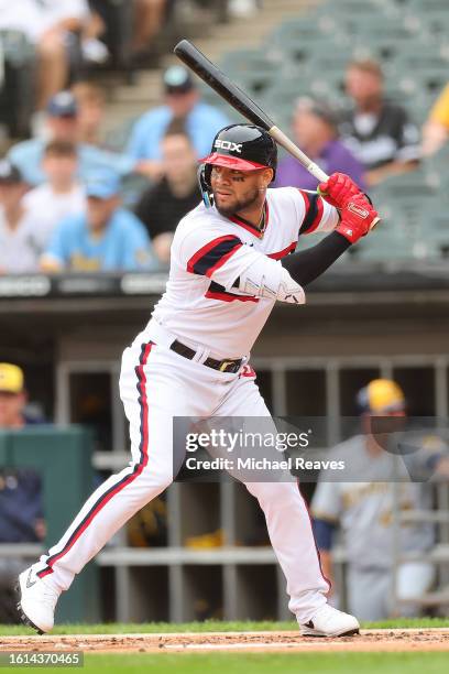 Yoan Moncada of the Chicago White Sox at bat against the Milwaukee Brewers at Guaranteed Rate Field on August 13, 2023 in Chicago, Illinois.