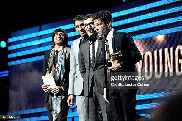 Producer Jeff Bhasker and musicians, Andrew Dost, Jack Antonoff, and Nate Ruess of fun onstage during the 55th Annual GRAMMY Awards at STAPLES Center...