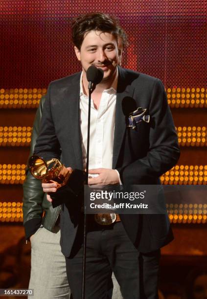 Musician Marcus Mumford of Mumford and Sons accepts an award onstage at the 55th Annual GRAMMY Awards at Staples Center on February 10, 2013 in Los...