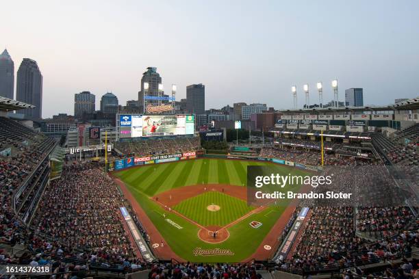 General overall interior view of Progressive Field during the sixth inning between the Kansas City Royals and the Cleveland Guardians at Progressive...