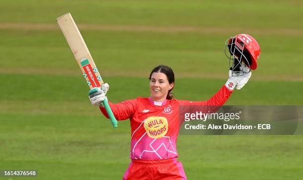 Tammy Beaumont of Welsh Fire Women celebrates their century, the first in the Women's Hundred during The Hundred match between Welsh Fire Women and...
