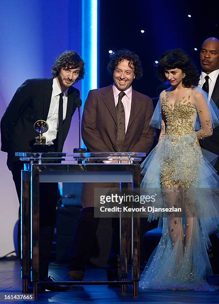 Musicians Gotye, Francois Tetaz, and Kimbra, winners of Best Alternative Music Album, accept onstage at the The 55th Annual GRAMMY Awards at Nokia...