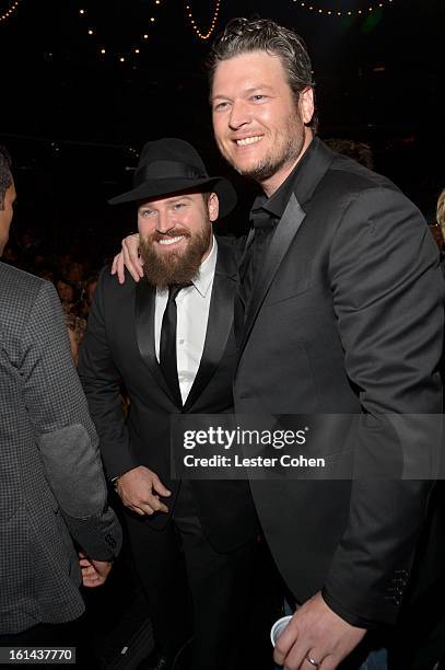 Musician Zac Brown of the Zac Brown Band and singer Blake Shelton attend the 55th Annual GRAMMY Awards at STAPLES Center on February 10, 2013 in Los...